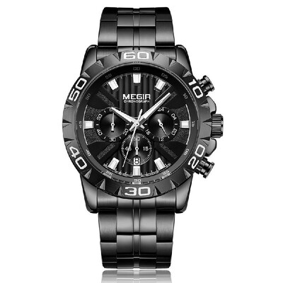

MEGIR 2087 Men Watch Quartz Sport Simple Wristwatch Stainless Steel Strap 3ATM Waterproof Calendar Chronograph Luminous Hands Fash