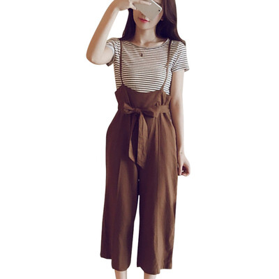 

Korean Style Simple Casual Striped Pattern Womens Set Short-sleeved Tee Sling Wide-leg Pants 2 Pieces Set