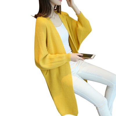 

Women Casual Solid Color Pocket Round Neck Vintage Bat Sleeve Loose Cardigan Warm Long Knit Coat