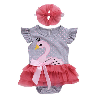 

Baby Girls Mesh RompersHeadband 2pcs Set Polka Dot Embroidery Cute Swan Short Sleeve Rompers New Toddler Outfits 0-2Y