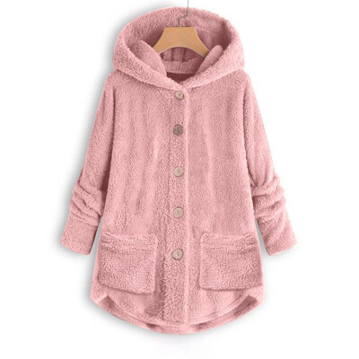 

Toponeto Women Plus Size Button Plush Tops Hooded Loose Cardigan Wool Coat Winter Jacket