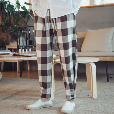 

Gobestart Mens Casual Vintage Style Loose Cotton Linen Patchwork Plaid Printing Long Pant