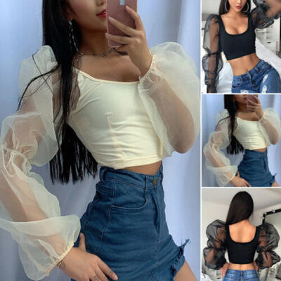

Fashion Women Puff Long Sleeve T-shirt Tops Shirts See-through Sheer Mesh Blouse