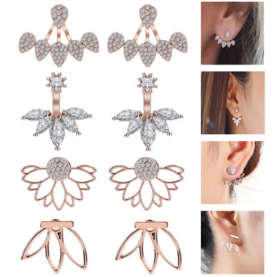 

4 Pairs Lotus Flower Earrings Stud Jacket Earrings Simple Chic Earrings Back Cuffs Stud Earring sets for Women Girls