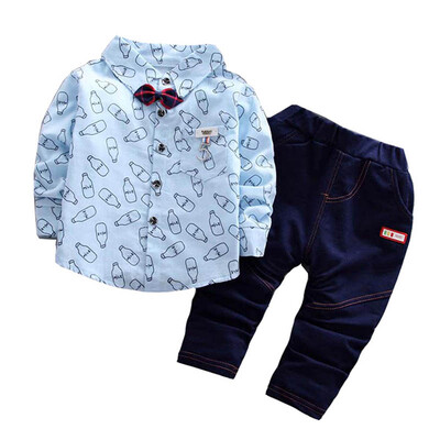 

Korean Style children clothing boy Printed Plaid Solid Shirt Trousers Two-piece Suit 1-4 years old
