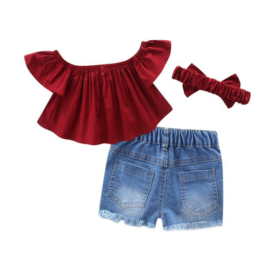 

Cute 3Pcsset Baby Girl Off Shoulder Floral Tops Blouse Hole Solid Denim Shorts Headband Clothes Set