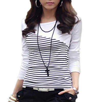 

Fashion Spring Women Stripe Print Long Sleeve Round Neck T-Shirt Slim Fit Top