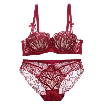 

Women Sexy Lingerie Lace Solid Color 34 Cup Push Up Steel Ring Padded Gathered Bra Underwear Set