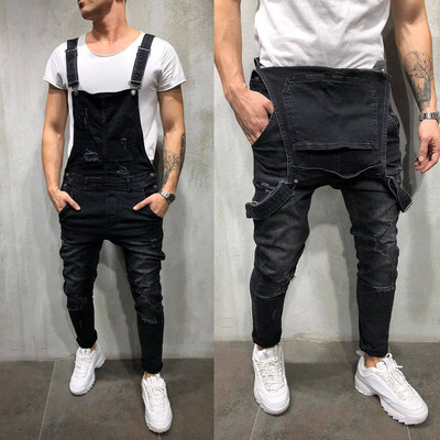 

Gobestart Mens Overall Casual Jumpsuit Jeans Wash Broken Pocket Trousers Suspender Pants