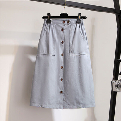 

New Japan Style Pocket buttons Washed Cotton Midi A Line Skirt Women ladies elastic Waist chic casual slim Female skirt