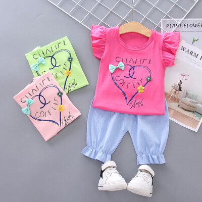 

New Summer Children Baby Girls Casual Flare Sleeve Letter Heart Print T-shirt TopsShorts Costume Set
