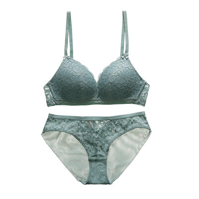 

Sexy Lingerie Set Thin Lace No Steel Ring Cotton Cup Bow Gathered Bra Underwear Set