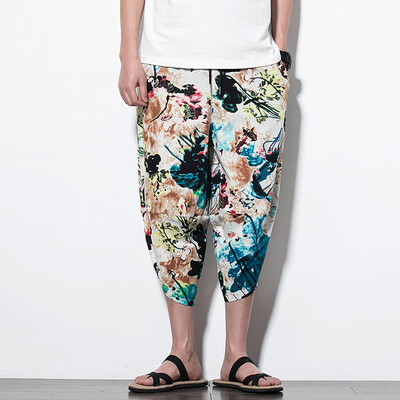 

Gobestart Men Casual Retro Printed Streetwear Drawstring Calf-Length Pants Harem Trousers