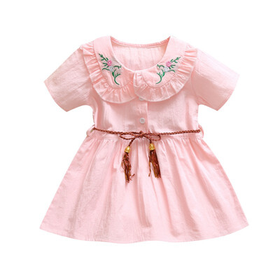 

Summer Girls Dress Doll Collar Cotton Embroidered Print Princess Dress Cute Sweet Short-sleeved Kids Dress With Belt