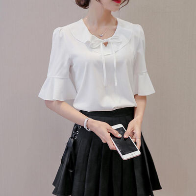 

Elegant Chiffon Womens Blouse O Neck Flare Sleeve Ruffle Shirts Sweet Loose Tops