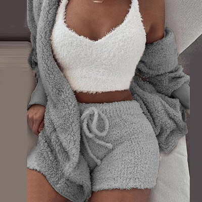 

Toponeto Womens Winter Plush Casual Sportswear Solid Long Sleeves 2 Piece Set