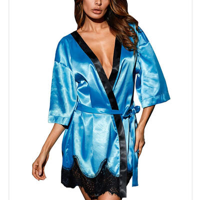 

Sexy Women Nightwear Lace Satin Silk Sexy Belt Tie Lace Sexy Homewear Sleepwear Robe For women Plus Size Robe