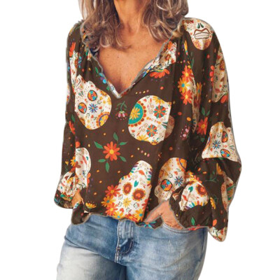 

New Casual Printed Chiffon Women Blouse&Tops Fashion Puff Long Sleeve V-Neck Blouse Blusas High Street Lady Shirts Clothes