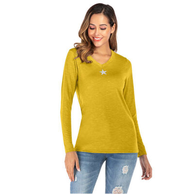 

Printed T-Shirt Female Five-Pointed Star Decoration Sexy V-Neck Design Casual Wild Autumn New fashion Long Sleeve