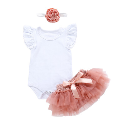 

3PcsSets Summer Baby Newborn Girl Fly Sleeve Romper Short Mesh Skirt Shorts Headband Costume Set