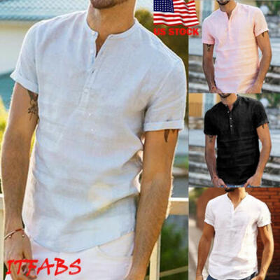 

Mens Summer Short Sleeve Solid Loose V-neck Linen T-shirt Dress Shirt Tops Tee