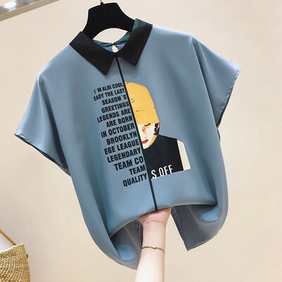 

Blouse Women Tops Peter Pan Collar Short Sleeve Letter Print Pullover Chiffon Blouse Korean Style Elegant Office Lady