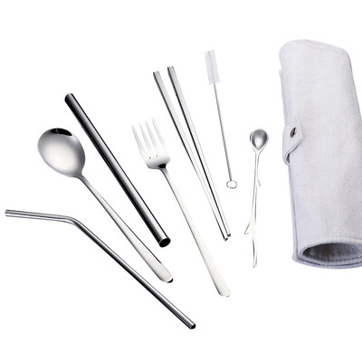 

Stainless Steel Straw Set With Cleaning Brush Straw Set Reusable Tableware Travel Set With Fork Spoon Chopsticks