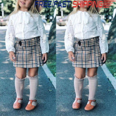 

Toddler Baby Girl Tops Strappy Lace Blouse Plaid Short Pleated Skirt Outfits Set