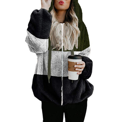 

Toponeto Womens Fashion Contrast Stitching Hooded Zip Long Sleeve Plush Jacket Coat