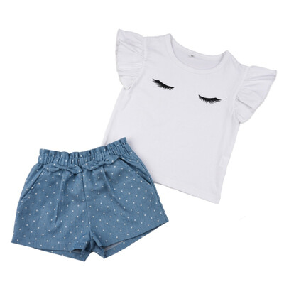 

2PcsSet Summer Baby Girls Casual Flare Sleeve Cartoon Eyes Print T-shirt TopsDot Shorts Suits Costume Set