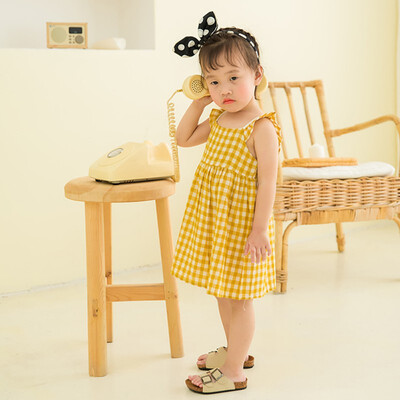 

fashion dress Summer Girls Round Neck Cotton Plaid Print Princess Cute Sweet Sleeveless Sling Dress