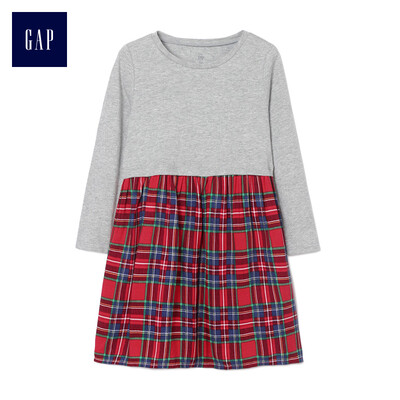 

GAP flagship store female young print round neck long sleeve stitching dress 356975 hemp gray 18-24M
