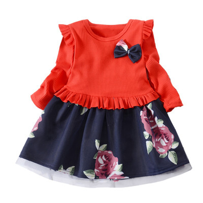 

2019 Autumn Spring Kids Children Baby Girls Long Sleeve Dresses Casual Flower Infant Cute Patchwork Pageant Sundress New 2019