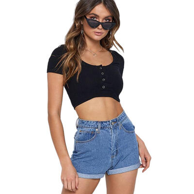 

Sexy Solid Color Front Button Women Crop Tops Slim T-shirt Women Clothing