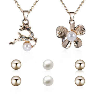 

Elegant Women Sparkling Rhinestone Deer Pendant Necklace Girl Adjustable Alloy Flower Chain with Pearl Earrings