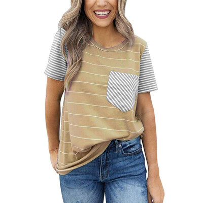 

Casual Summer Women Striped Patch Pocket T-Shirt Short Sleeve Round Neck Top