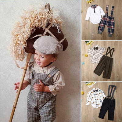 

Toddler Baby Boy Long Sleeve Shirt Romper Tops Plaid Strap Trousers Clothes 1-6Y