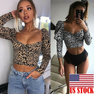 

Womens Tank Tops Leopard Print Vest Backless Blouse Camisole Crop T-shirt US