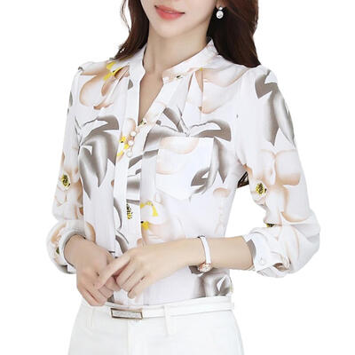 

Chic Slim Fit Women Blouse Long Sleeve Floral Chiffon Autumn Elegant Tops