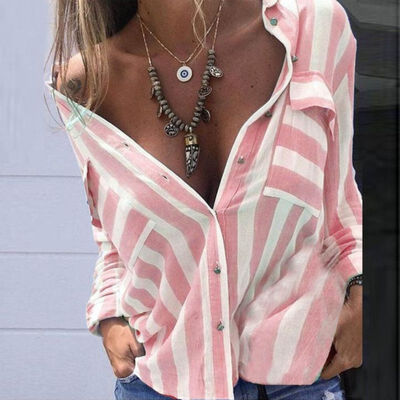 

2019 Europe&the United States new striped long-sleeved womens shirt irregular pocket long-sleeved thin coat