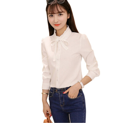 

Office Ladies Blouse Fashion Long Sleeve Bow Slim White Shirt Bodycon Work Blouses Blusas
