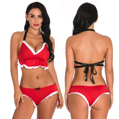 

Gobestart Christmas Lingerie For Women Plus Size Bandage Halter Bra Bow Red Underwear Set