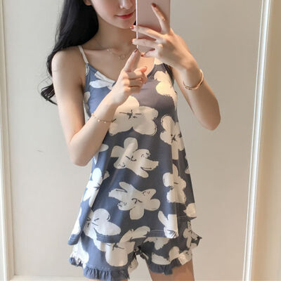 

Explosive women nightwear Chrysanthemum printed sling with chest pad soft pajamas suit Large size lingerie Sleepwear