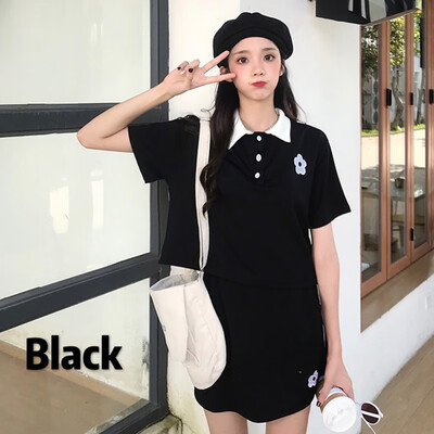 

Womens Turn-down Collar Floral Sets Embroidery Short Sleeve Polo Shirt Mini Skirt Two-Piece Set