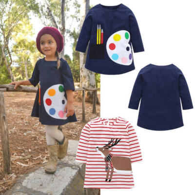 

Toddler Kids Baby Girls Long Sleeve Deer Stripe Party Dress Skirt Cotton Outfits