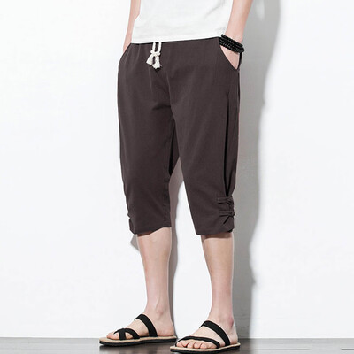 

Tailored Mens Summer Fashion Leisure Pure Color Button Linen Loose Calf-Length Pants