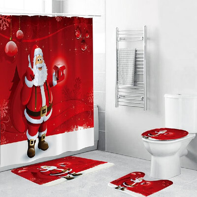 

4 Piece Christmas Theme Bathroom Decoration Non Slip Rug Toliet Cover Bath Mat Shower Curtain
