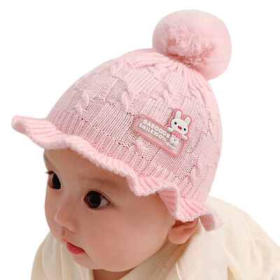 

Winter Newborn Cute Warm Kids Girls Boys Baby Ball Design Hats Cartoon Print Knitted Wool Hemming Caps
