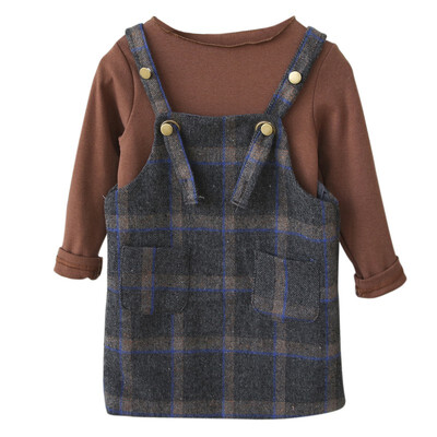 

Autumn Baby Girls Clothes Toddler Long Sleeve Tops T-shirtPlaid Pattern Strap Dress Outfits Clothing Set