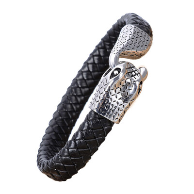 

Hot Leather Stainless Steel Biker Snake Head End Bracelet Bangle Large Men Gifts